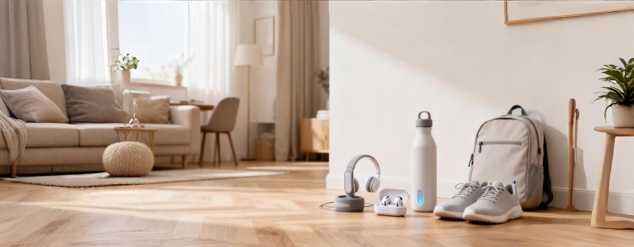 Modern everyday essentials arranged in a clean, minimalist home interior for a premium online shopping experience