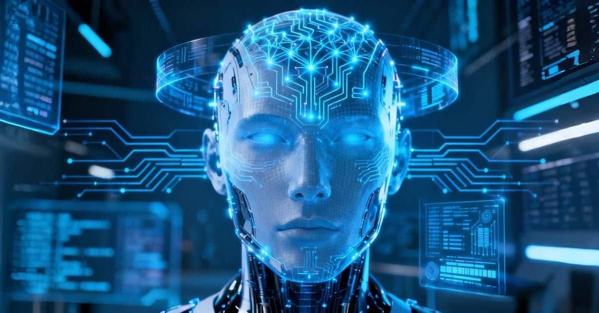 Futuristic artificial intelligence illustration with robot and digital networks