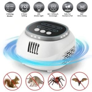 Ultrasonic Rodent Chaser Rat Repellent Pest Driver Mouse Control Squirrel Repeller With 4 Modes 4-65KHz Strobe Light 4 Timer 1292sq.ft. Coverage For Rodent Mouse Rats Squirrels Bats GPCT5491