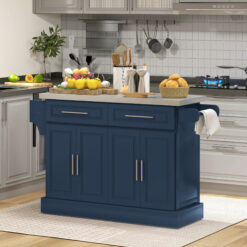 Rolling Kitchen Island with Stainless Steel Top, 2 Drawers, Spice, Knife and Towel Rack and Cabinets, Navy Blue