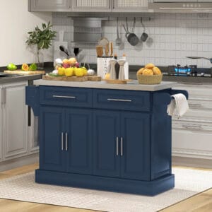 Rolling Kitchen Island with Stainless Steel Top, 2 Drawers, Spice, Knife and Towel Rack and Cabinets, Navy Blue