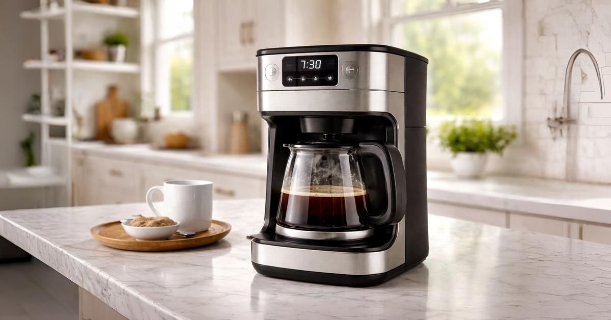 Best coffee maker on a modern kitchen countertop with fresh brewed coffee
