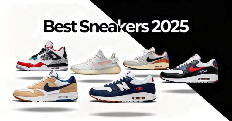 Best sneakers 2025 including Jordans 4, Yeezy shoes, Nike Dunk Lows, New Balance and Nike Airmax displayed in a modern collage.
