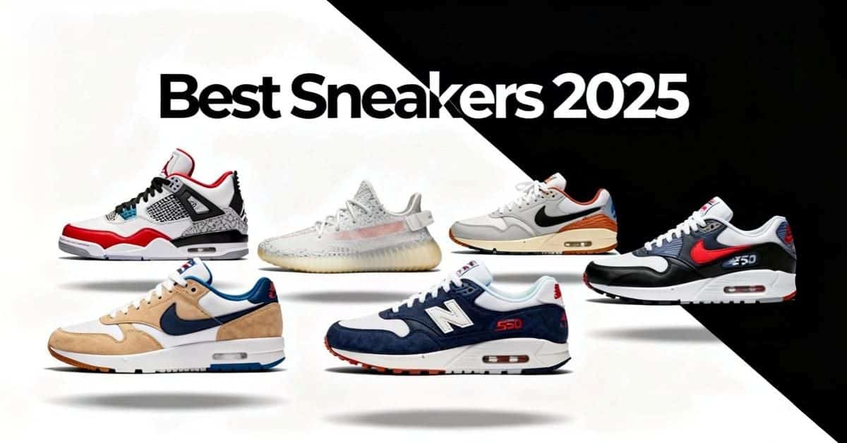 Best sneakers 2025 including Jordans 4, Yeezy shoes, Nike Dunk Lows, New Balance and Nike Airmax displayed in a modern collage.