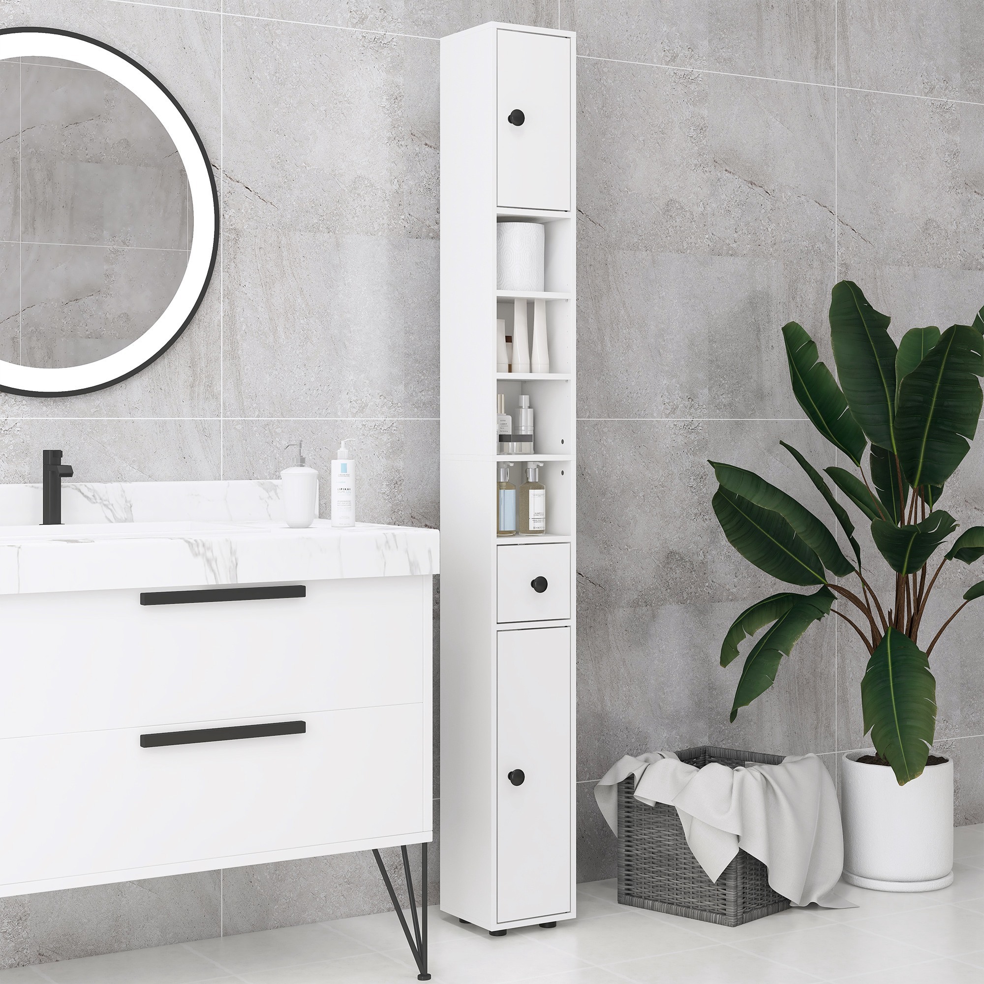 71" Small Bathroom Storage Cabinet, Narrow Toilet Paper Cabinet with Open Shelves, 2 Cabinets, Adjustable Shelves, White - Image 8