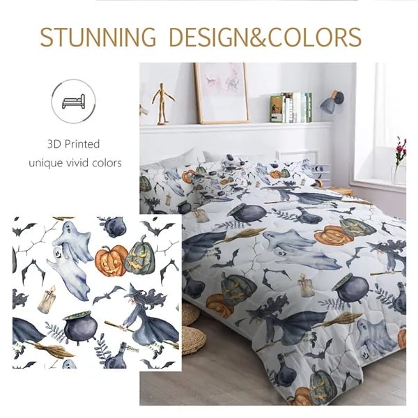 Halloween Comforter Set 8PCS – Witch Pattern Bed in a Bag Bedding Set with Comforter, Sheets, Pillow Shams & Cushion Cover - Image 3