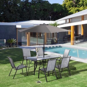 8 Pieces Patio Furniture Set with 9Ft Patio Umbrella, Outdoor Dining Table and Chairs, 6 Chairs, Push Button Tilt and Crank Parasol, Tempered Glass Top, Gray