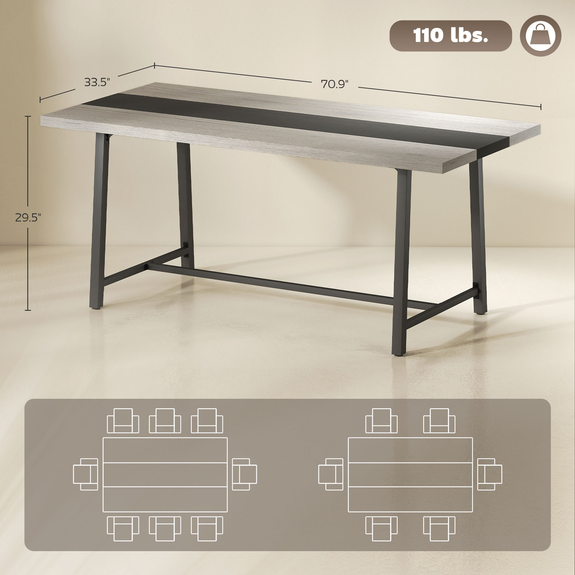 Industrial Kitchen Table for 8 People, 70.9" Long Dining Table with Large Tabletop and Steel Legs for Dining Room, Gray - Image 6