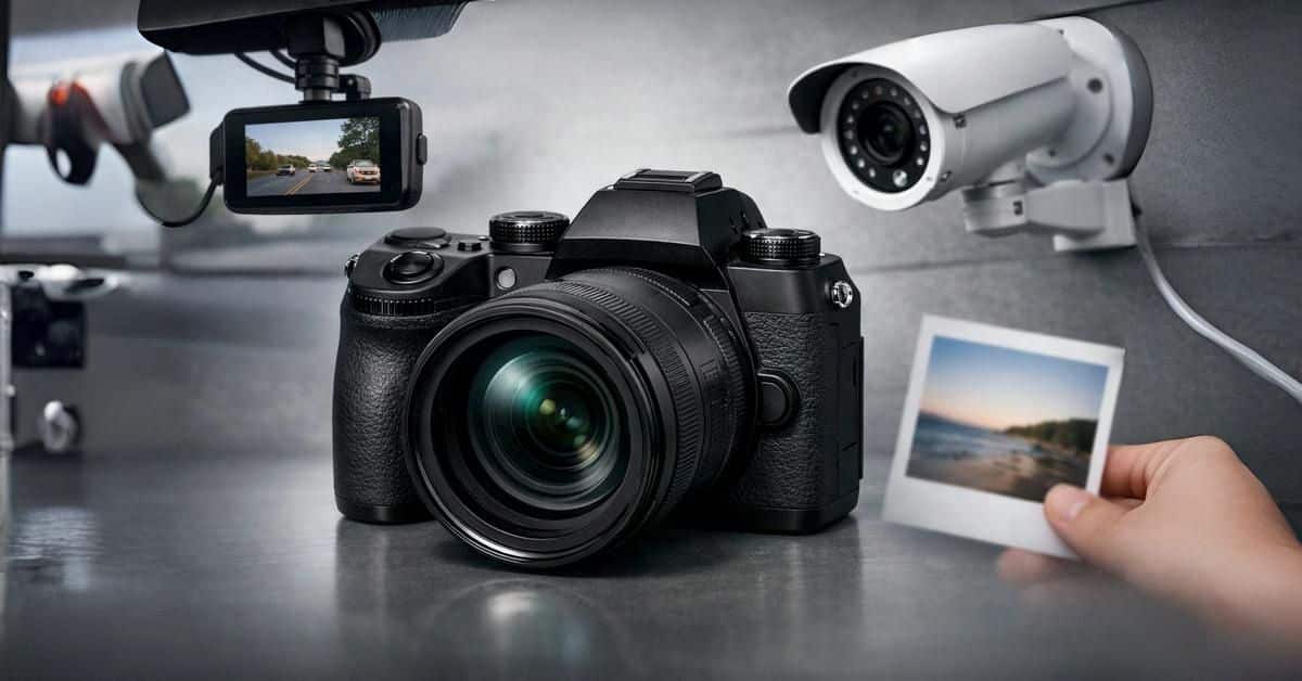 camera buying guide showing digital camera, dash cam, and CCTV camera