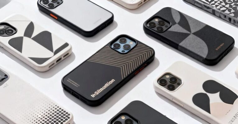 Custom phone cases with modern designs displayed on iPhone models, showcasing stylish and protective phone cases for everyday use