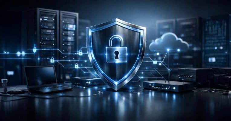 Cybersecurity concept showing secure network security systems protecting digital data and computer infrastructure