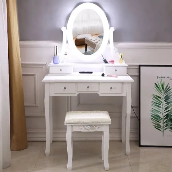 With Light Bulb Single Mirror 5 Drawer Dressing Table White - Image 3