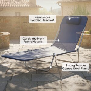 Alternative view of Folding Chaise Lounge Chair, Pool Sun Tanning Chair, Outdoor Lounge Chair with Reclining Back, Breathable Mesh Seat, Headrest for Beach, Yard, Patio, Dark Blue
