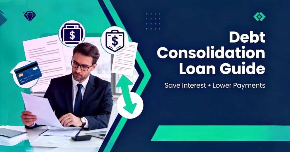 Financial advisor reviewing documents with icons of credit cards and loan forms, illustrating a debt consolidation loan guide.