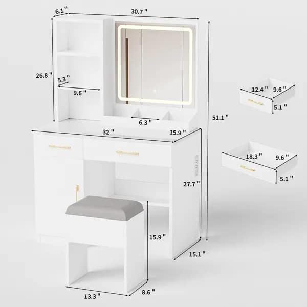 Makeup Vanity Desk With Mirror And Lights, White Vanity Table With Power Outlet And 3 Lighting Modes, Dressing Table Set With Cabinet Drawers Shelves And Storage Stool For Bedroom - Image 3