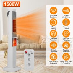 Fast Heating Oscillating Space Heater - 120° Wide Angle 30% Faster Warmth, 3D Flame, 5 Timer & Remote Control, Safe Quiet Heater For Bedroom Office