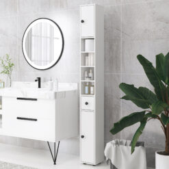 71" Small Bathroom Storage Cabinet, Narrow Toilet Paper Cabinet with Open Shelves, 2 Cabinets, Adjustable Shelves, White