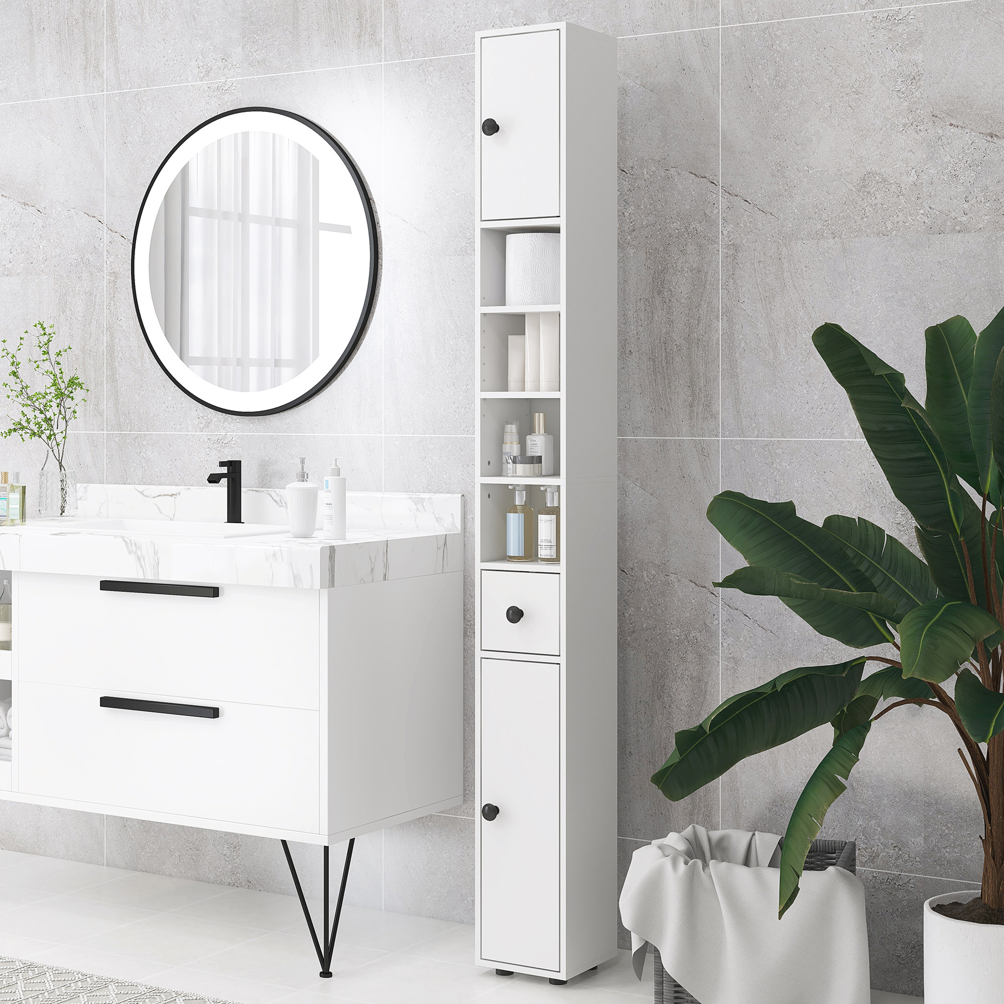 71" Small Bathroom Storage Cabinet, Narrow Toilet Paper Cabinet with Open Shelves, 2 Cabinets, Adjustable Shelves, White