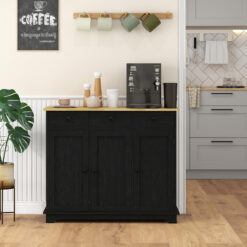 Kitchen Storage Cabinet, Sideboard Floor Cupboard with Solid Wood Top, Adjustable Shelf, and 3 Drawers, Black Wood Grain
