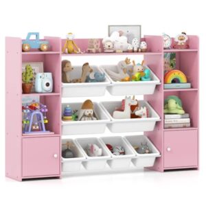 Pink Multi-Functional Kids Storage Shelf - Toy Organizer+Bookcase, 56"x12"x39", Anti-Toppling, 265lbs Capacity