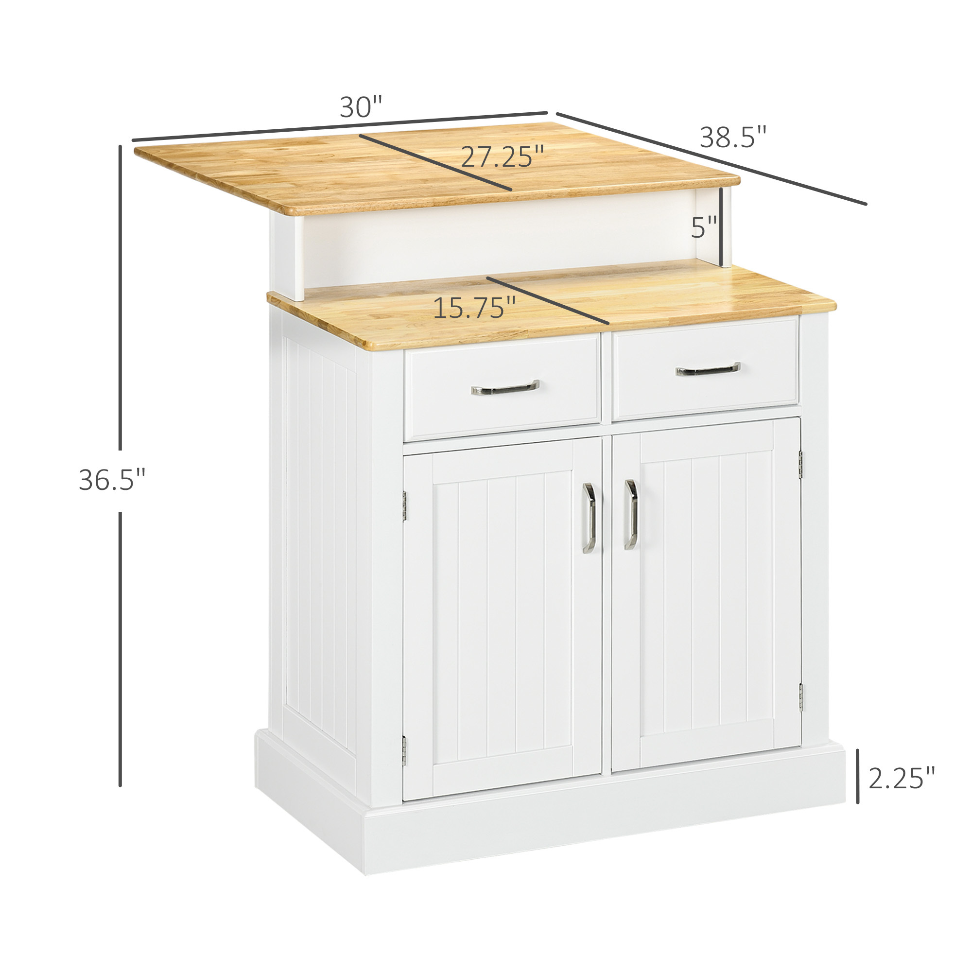 Kitchen Island with 2-Level Rubber Wood Tabletop, Island Table with Adjustable Shelves and Drawers, White - Image 4