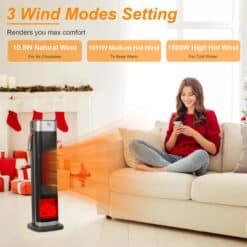 Alternative view of 1500W Oscillating Ceramic Tower Space Heater With 3D Flame Portable Electric Heater With 3 Wind Modes F Heating Remote Control 12H Timer Overheat Tip-Over Protection For Bedroom Office