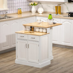 Kitchen Island with 2-Level Rubber Wood Tabletop, Island Table with Adjustable Shelves and Drawers, White