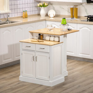 Kitchen Island with 2-Level Rubber Wood Tabletop, Island Table with Adjustable Shelves and Drawers, White