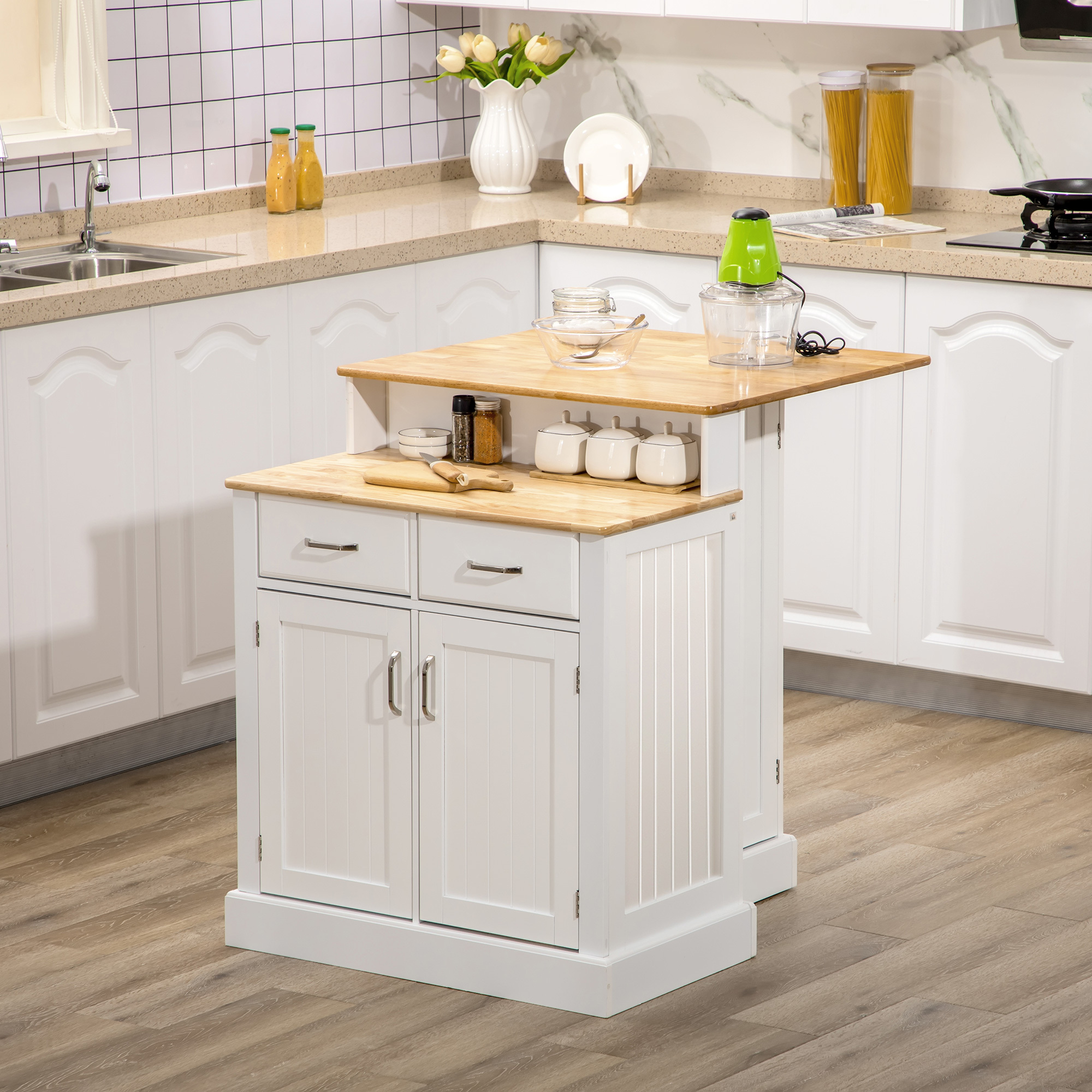 Kitchen Island with 2-Level Rubber Wood Tabletop, Island Table with Adjustable Shelves and Drawers, White