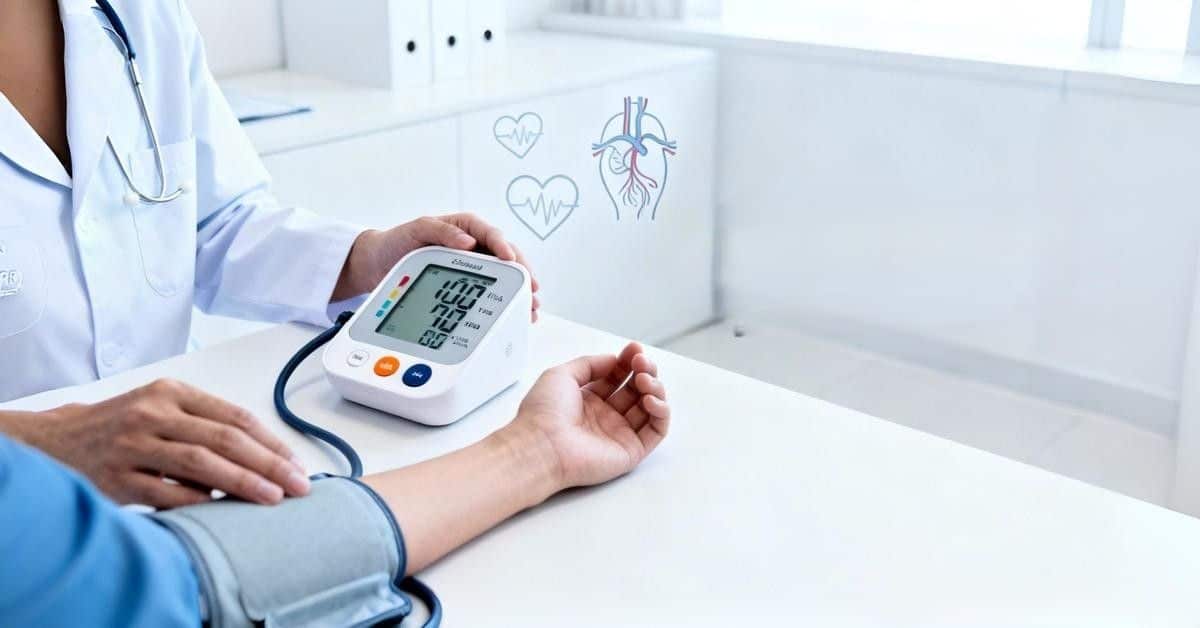Doctor measuring high blood pressure using a digital blood pressure monitor in a medical clinic