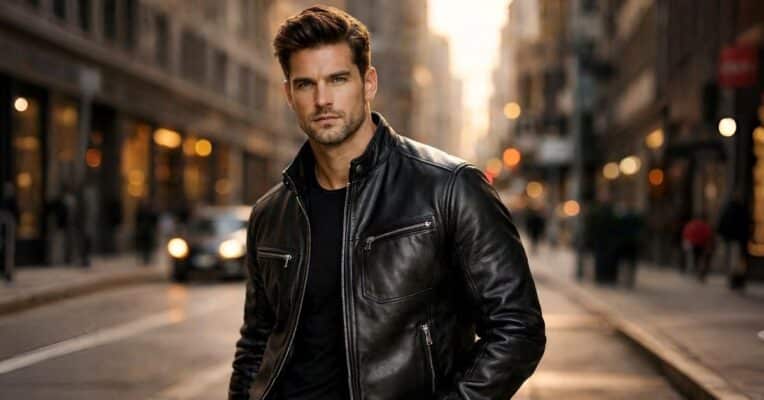 Mens leather jackets featuring a stylish black leather jacket worn by a modern male model