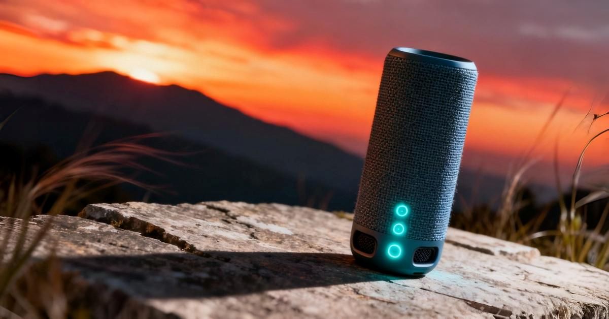 High-performance portable bluetooth speaker designed for outdoor use with powerful sound and modern wireless design