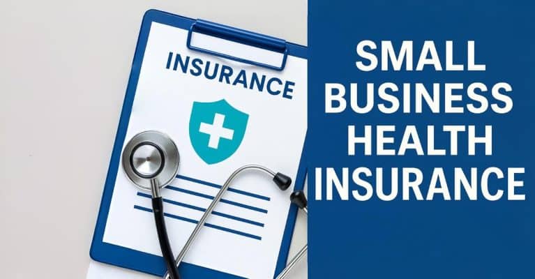 Small business health insurance guide with medical clipboard and stethoscope showing employer health coverage options.