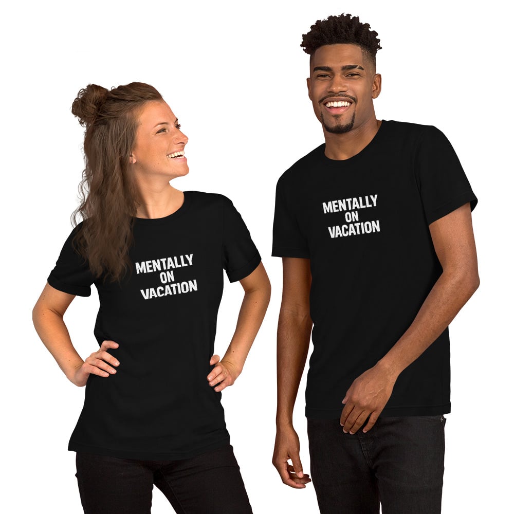 black graphic t shirt with mentally on vacation text