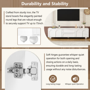 Alternative view of ON-TREND Cream Style TV Stand With Arched Doors  2 Drawers For TVs Up To 75, Minimalist Media Console With Rebound Device, Entertainment Center With 5 Iron Round Legs For Living Room, Bedroom, White