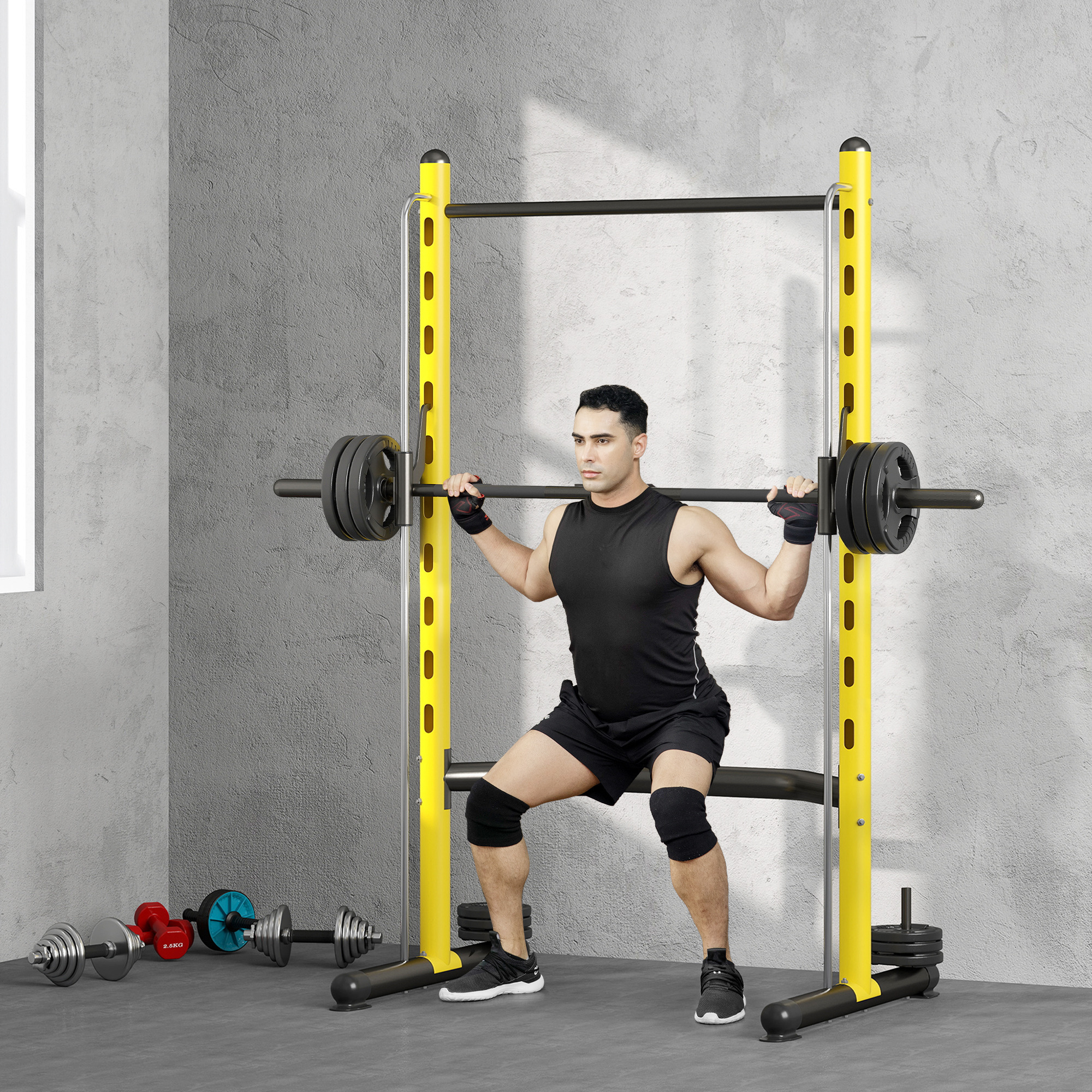 Squat Rack with Pull Up Bar and Barbell Bar Adjustable Bench Press Multi-Function Weight Lifting Half Rack, Yellow - Image 4