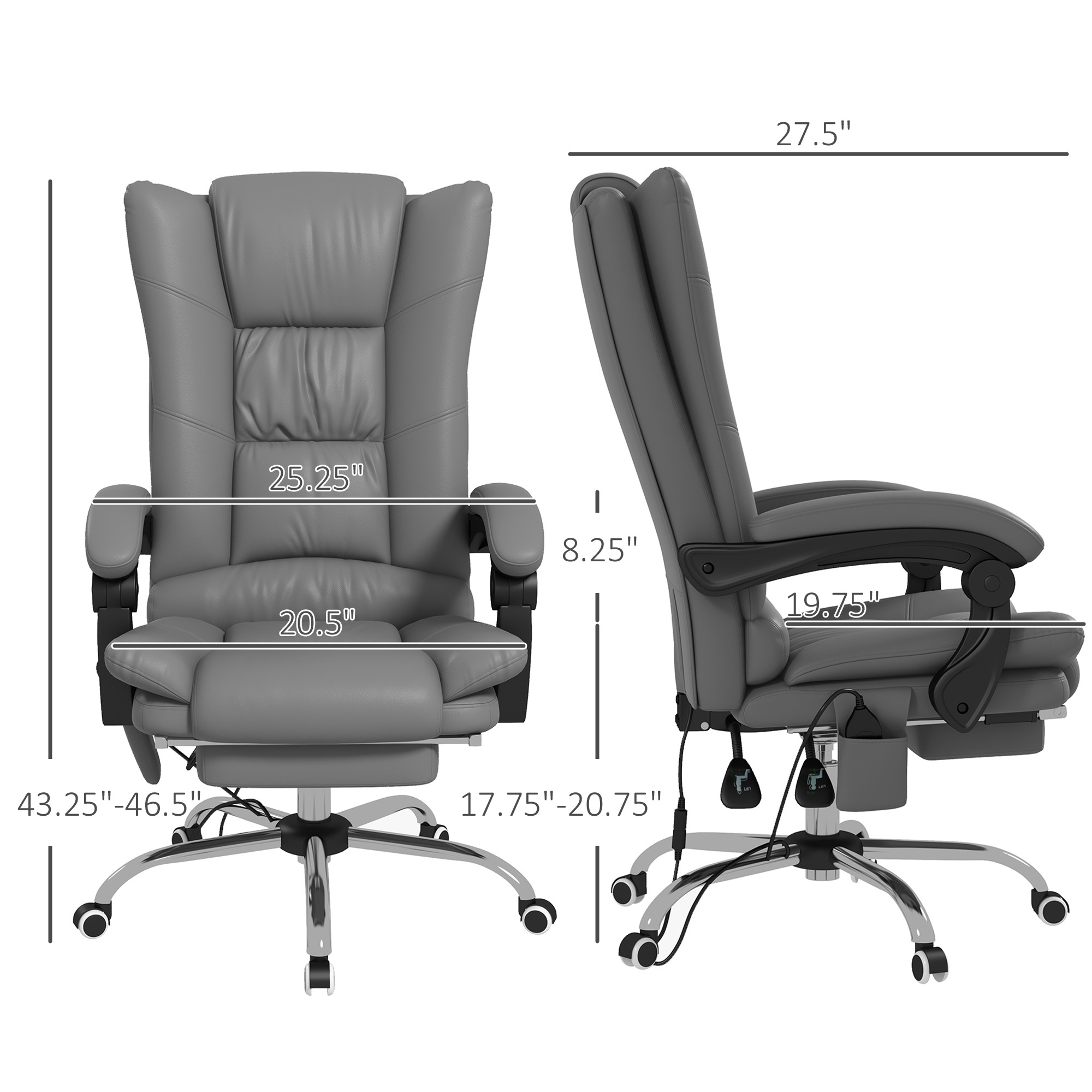 PU Leather Executive Massage Office Chair with 4 Vibration, Computer Desk Chair, Heated Reclining Chair with Adjustable Height, Swivel Wheels, Gray - Image 5