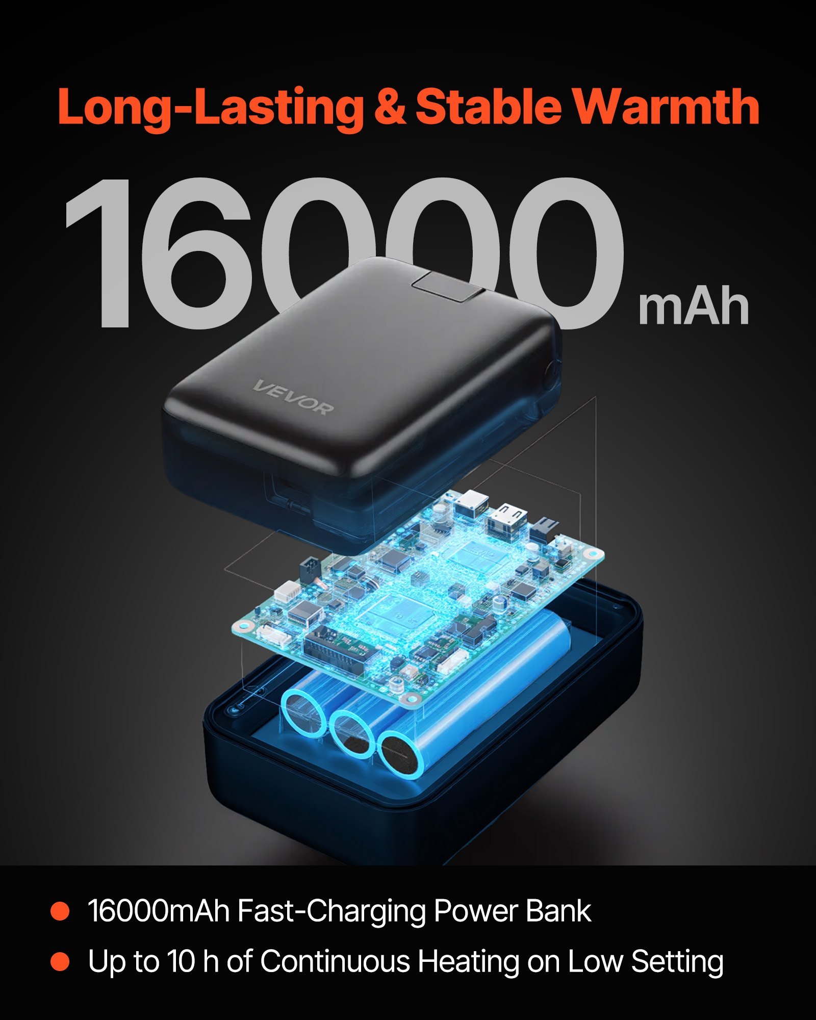 Heated Fleece Jacket For Men, Heated Sweatshirt With 7.4V 16000mAh Rechargeable Power Bank Pack, 6 Heating Zones, 3 Temp Levels, 3h/6h/10h Warmth, For Winter Outdoor Camping, Black, XL Size - Image 4