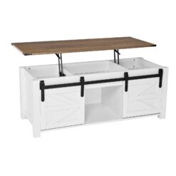 47.2 In Farmhouse Lift Top Coffee Table, Rustic Center Table With Barn Door And Hidden Storage Compartment, Modern Rectangle Lifting Tabletop For Living Room, Office, Home, Easy Assembly, White