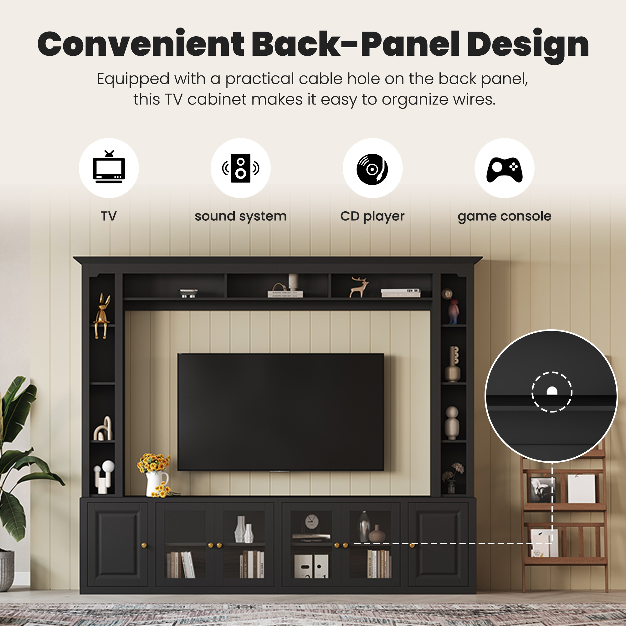 4-Piece Modern Entertainment Center Wall Unit With Bookshelves, All-in-1 Large TV Stand With Tempered Glass Door For TVs Up To 80, 92inch Media Console With Adjustable Shelves For Living Room, Black - Image 3