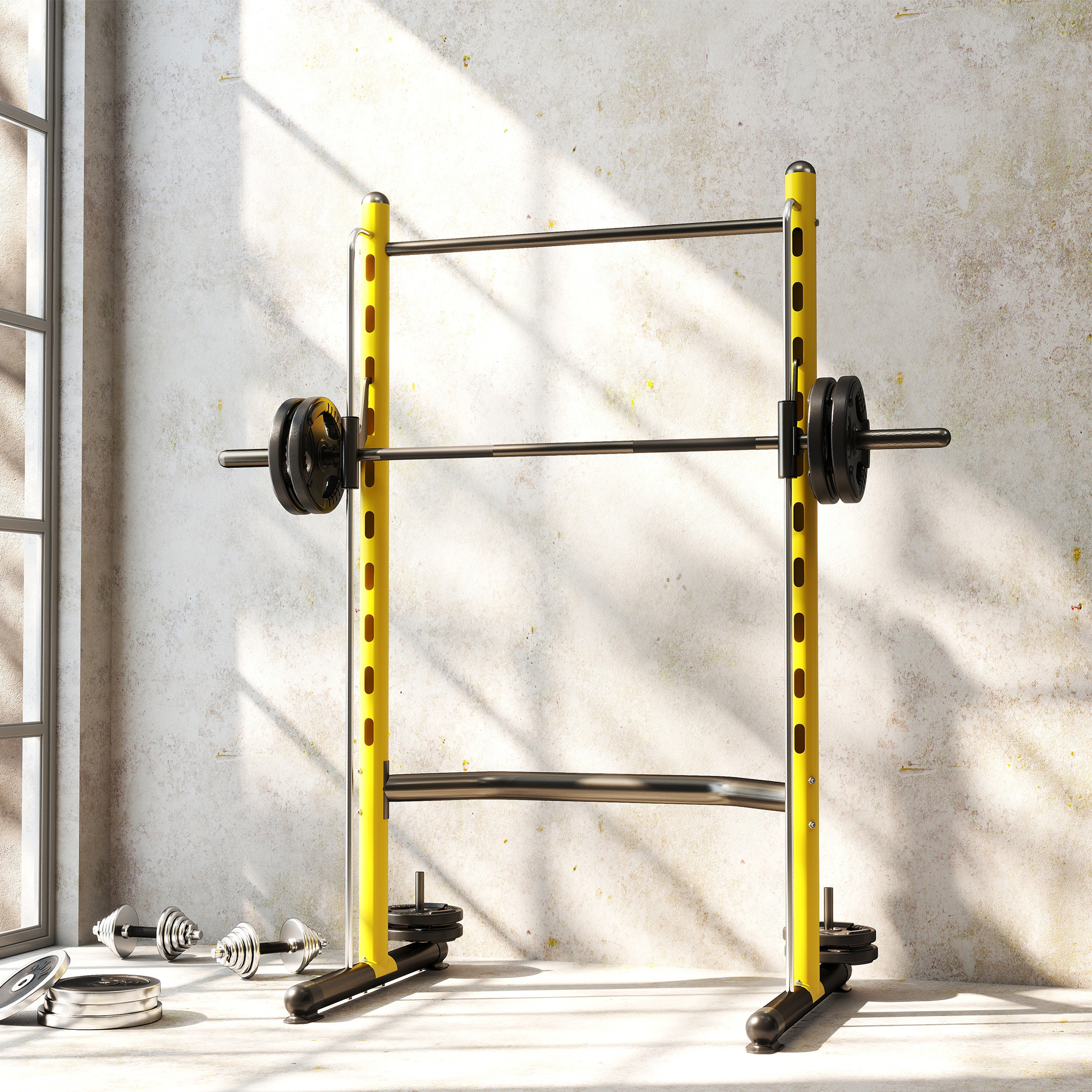 Squat Rack with Pull Up Bar and Barbell Bar Adjustable Bench Press Multi-Function Weight Lifting Half Rack, Yellow - Image 8