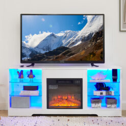 TV Stand Electric Fireplace  Glass Shelves, 3D Fireplace TV Stand With LED Lights Wood With USB Charging Outlet Modern Television Table Center For TV Up To 62 White, 58Wx15.5Dx24.4