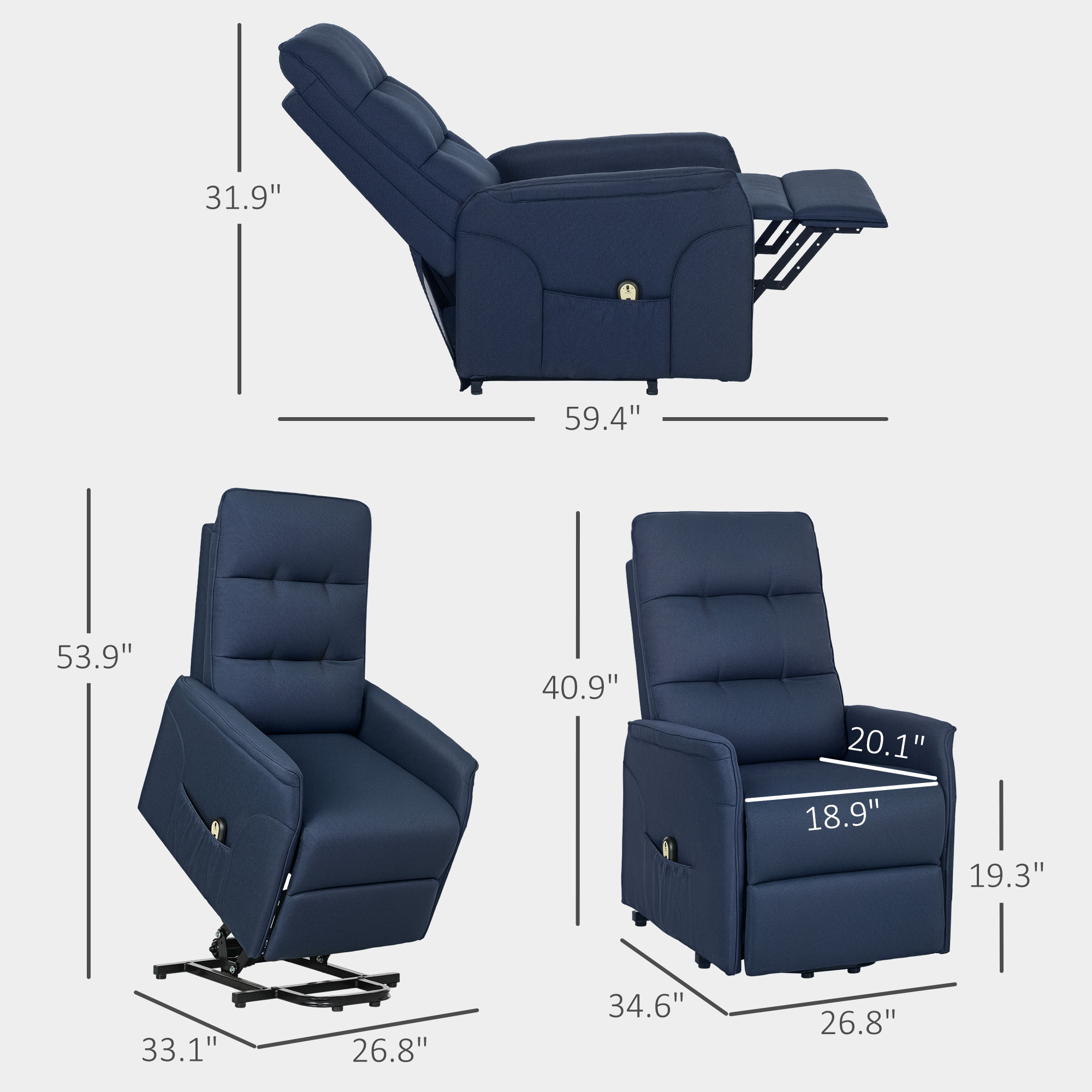 Power Lift Chair for Elderly, Fabric Recliner Sofa with Remote Control, Side Pockets, Quick Assembly, Deep Blue - Image 8