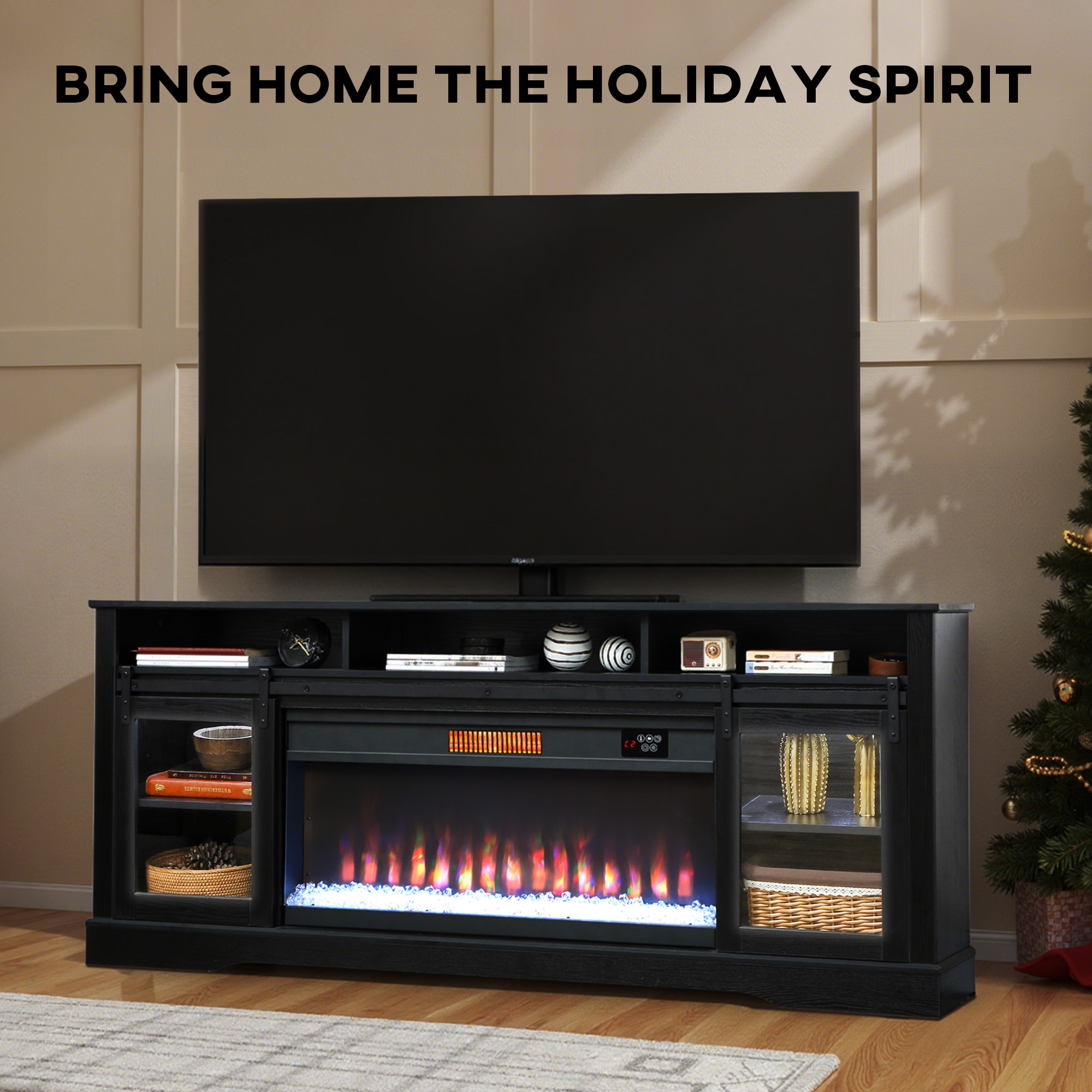 Fireplace TV Stand for TVs Up to 80 Inch, TV Console with Electric Fireplace, Open Storage and Side Cabinets, Black - Image 6
