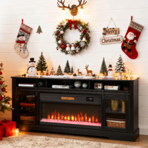 Fireplace TV Stand for TVs Up to 80 Inch, TV Console with Electric Fireplace, Open Storage and Side Cabinets, Black