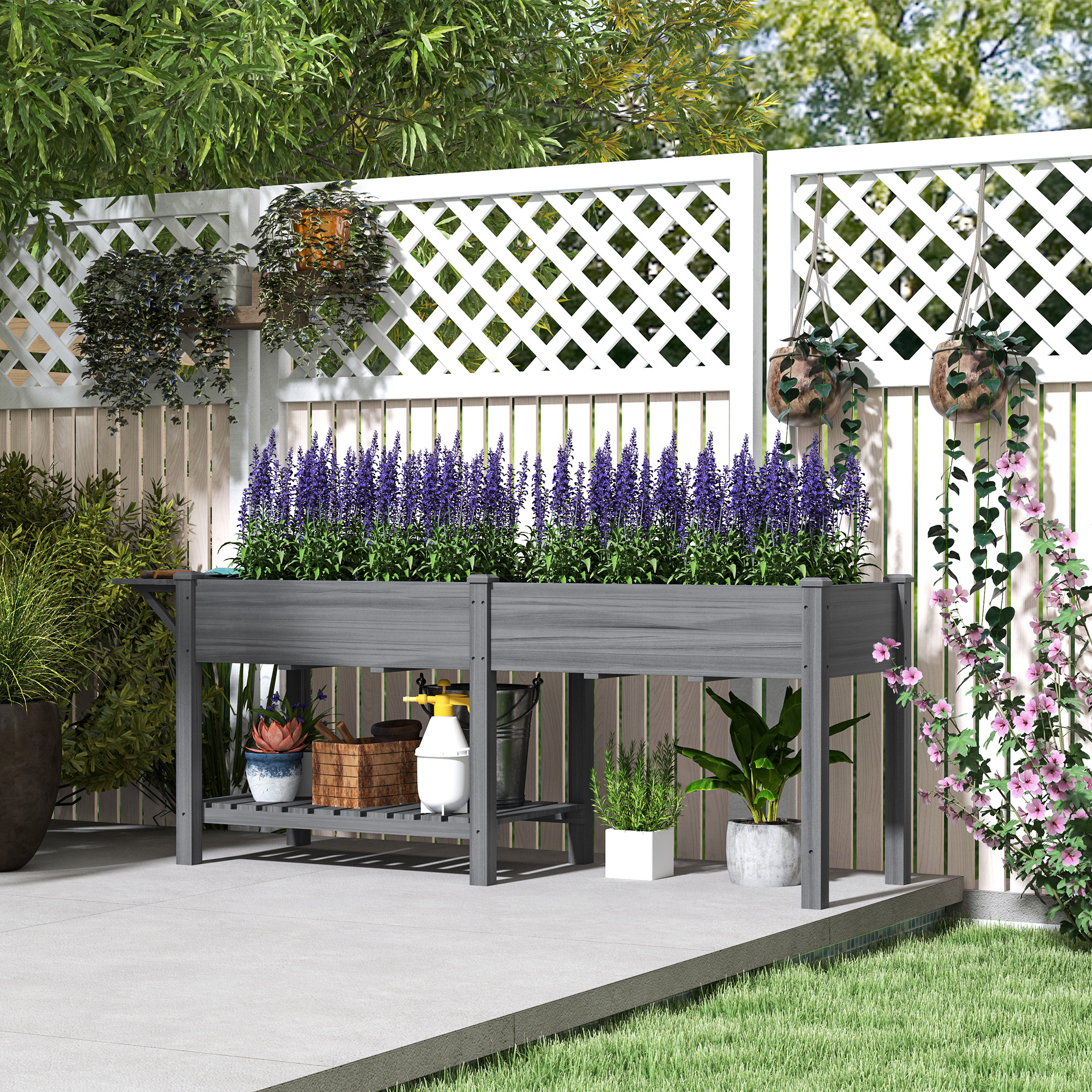 Wood Raised Garden Box, Elevated Garden Bed with Side Table, Bottom Shelf, Bed Liners and Drainage Holes, Gray - Image 3