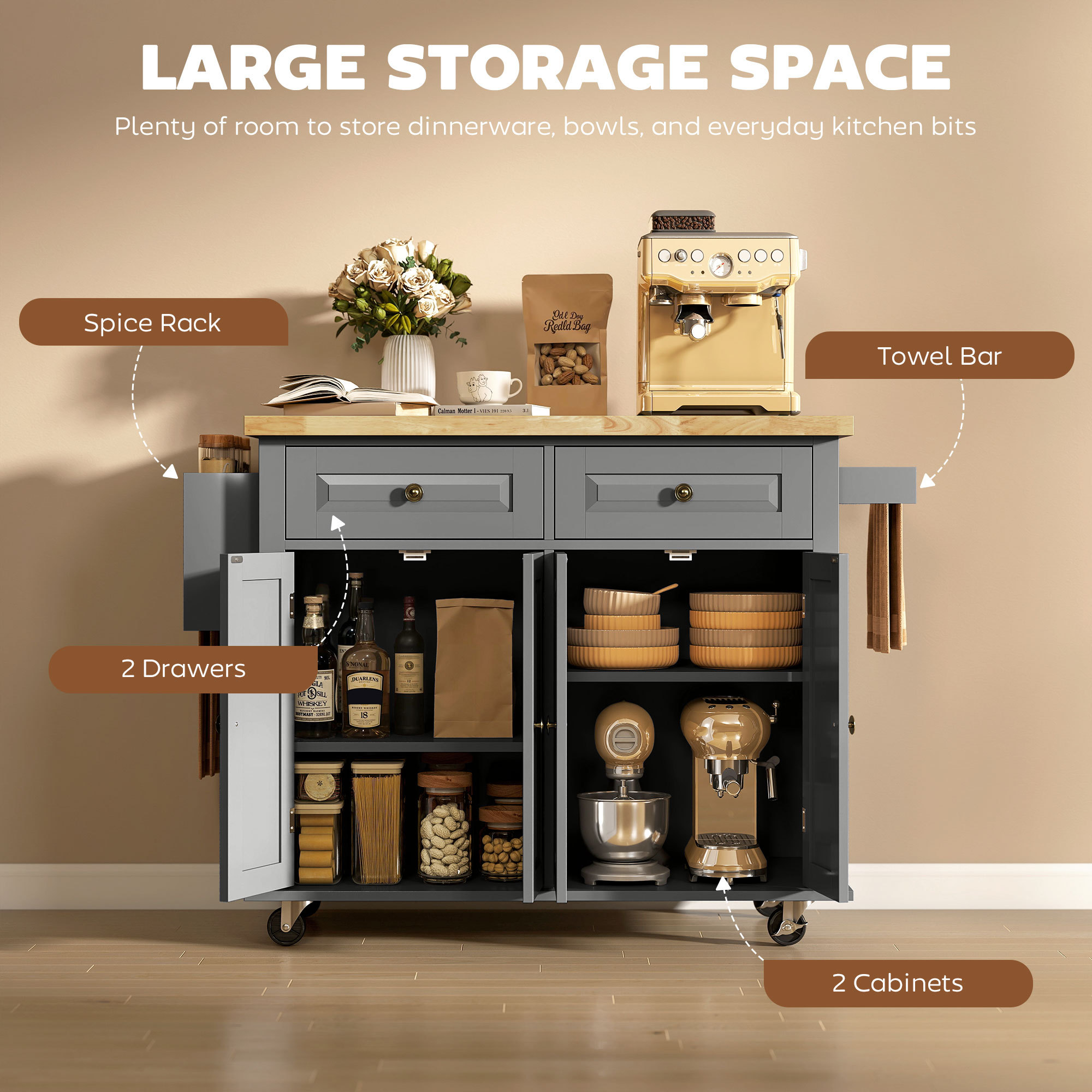 Kitchen Island Cart with Rubber Wood Top, Rolling Kitchen Island Table on Wheels with Drawers, Adjustable Shelves, Spice Rack and Towel Rack for Dining Room, Gray - Image 7