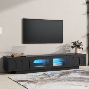 ON-TREND TV Stand With Fluted Tempered Glass Doors For TVs Up To 95 Functional Media Console With Arched Cabinet Doors, Entertainment Center With APP-Controlled LED Light For Living Room, Black
