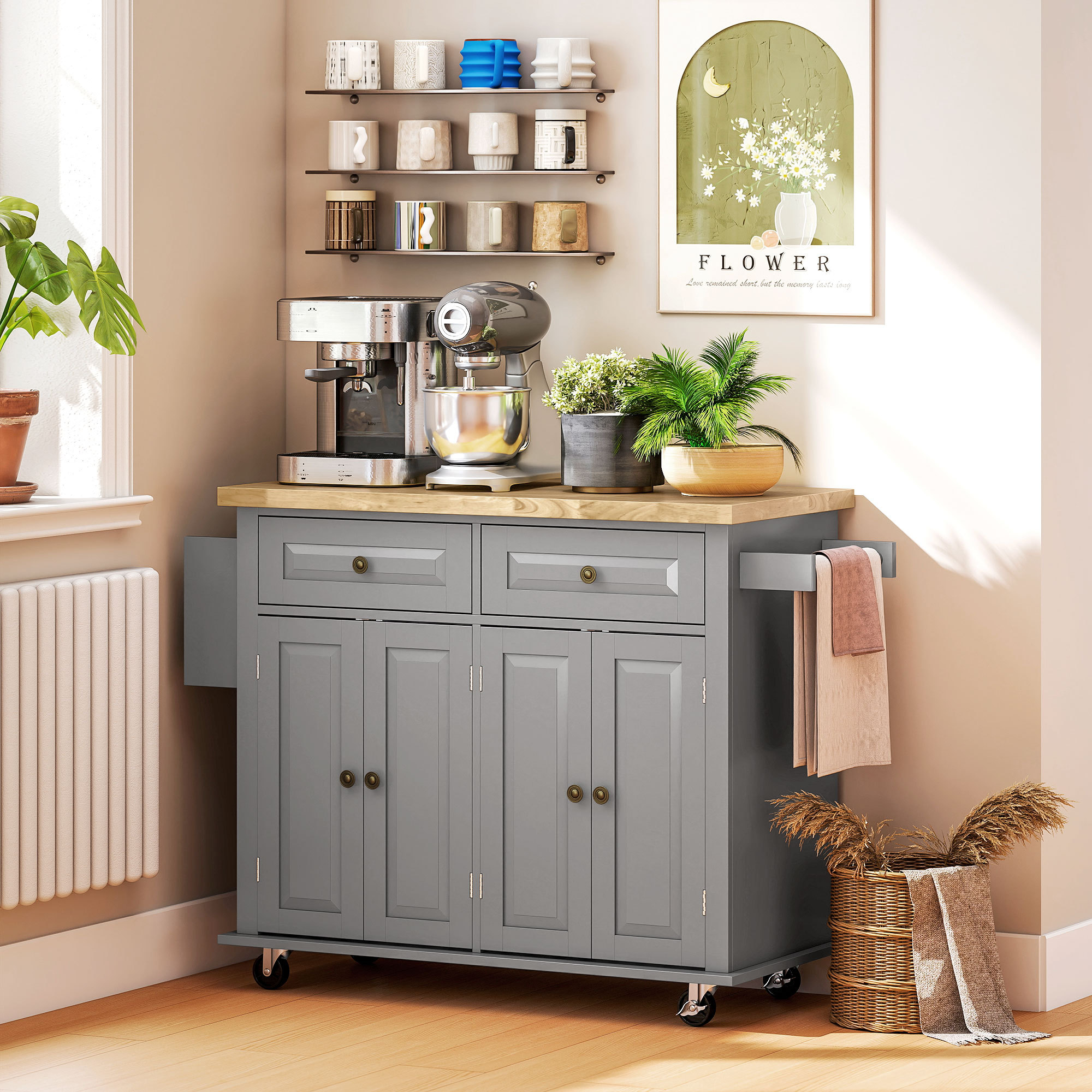 Kitchen Island Cart with Rubber Wood Top, Rolling Kitchen Island Table on Wheels with Drawers, Adjustable Shelves, Spice Rack and Towel Rack for Dining Room, Gray - Image 5