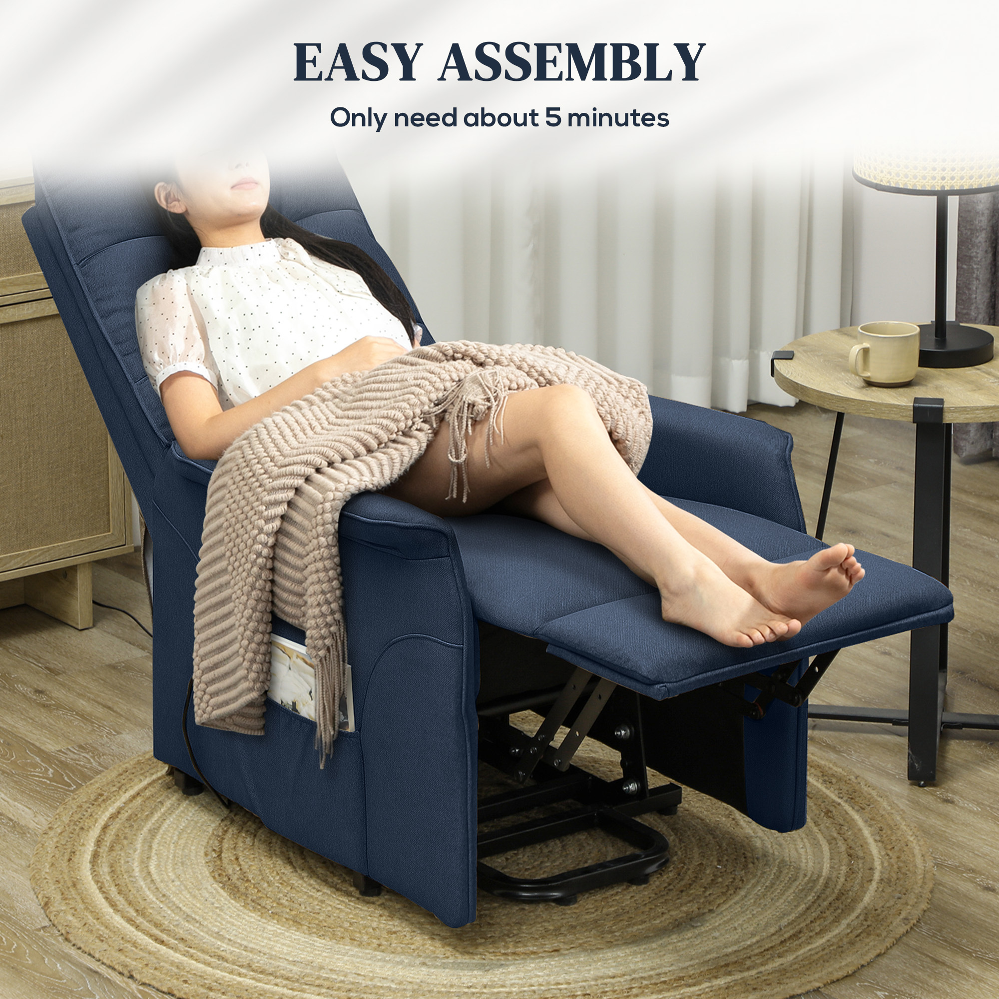 Power Lift Chair for Elderly, Fabric Recliner Sofa with Remote Control, Side Pockets, Quick Assembly, Deep Blue - Image 5